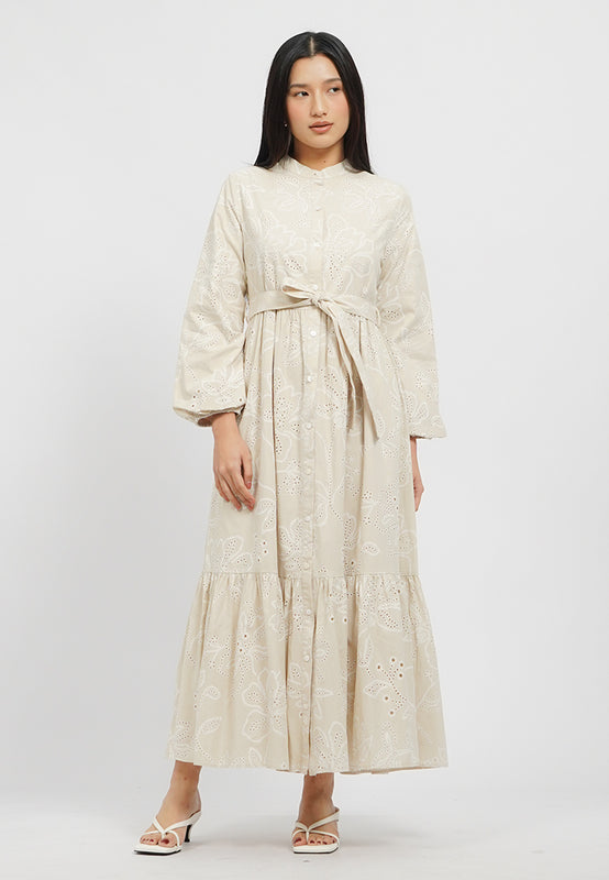 Belted Round Neck Eyelet Maxi Dress