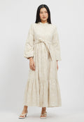 Belted Round Neck Eyelet Maxi Dress