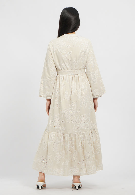 Belted Round Neck Eyelet Maxi Dress