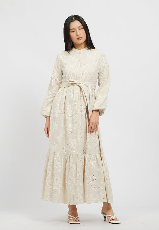 Belted Round Neck Eyelet Maxi Dress