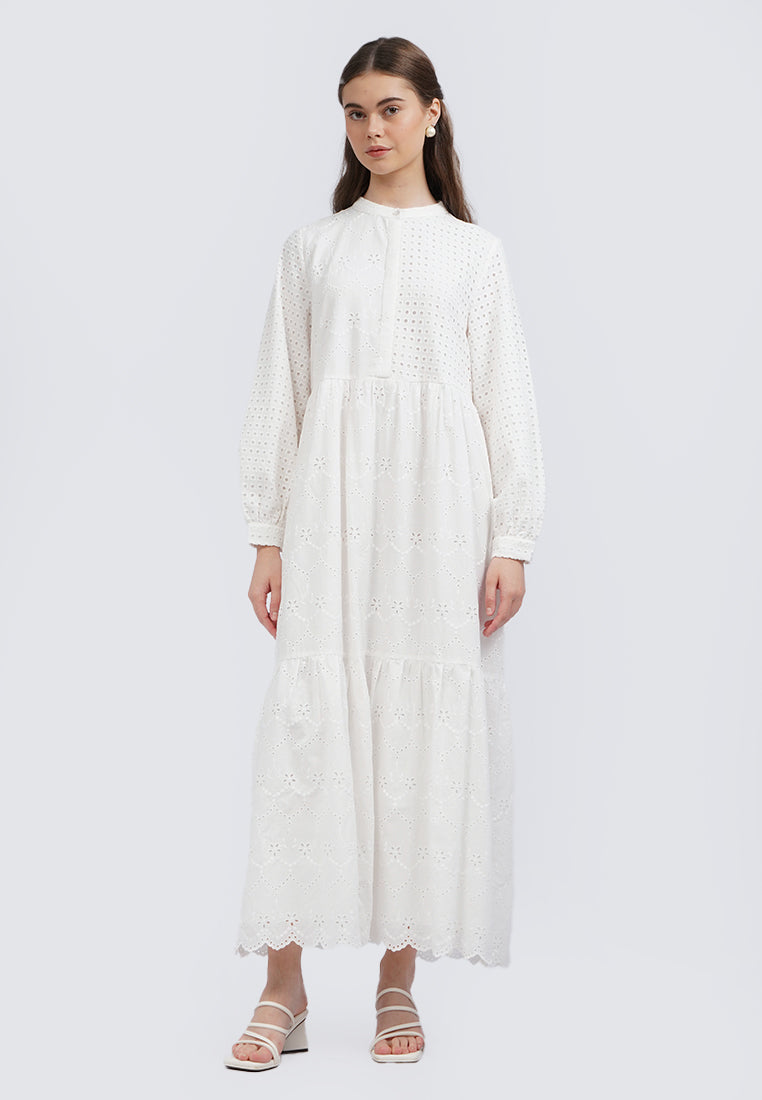 Mandarin Collar Eyelet Tiered Maxi Dress