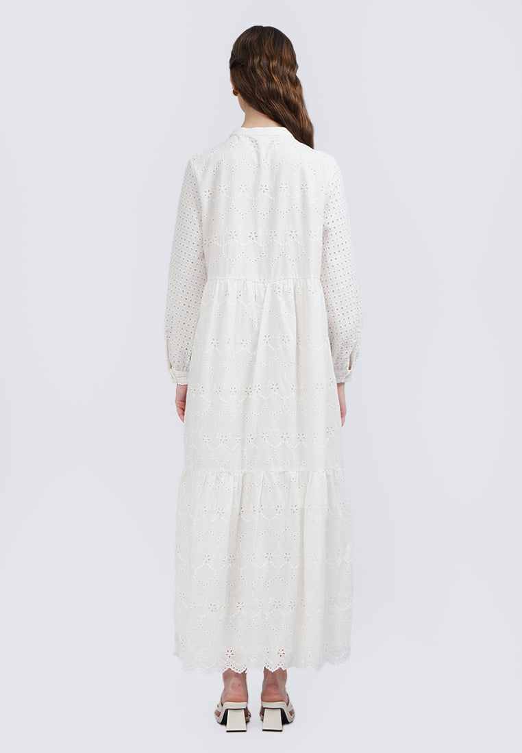 Mandarin Collar Eyelet Tiered Maxi Dress