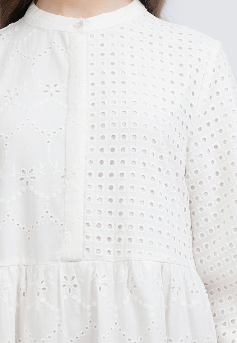 Mandarin Collar Eyelet Tiered Maxi Dress