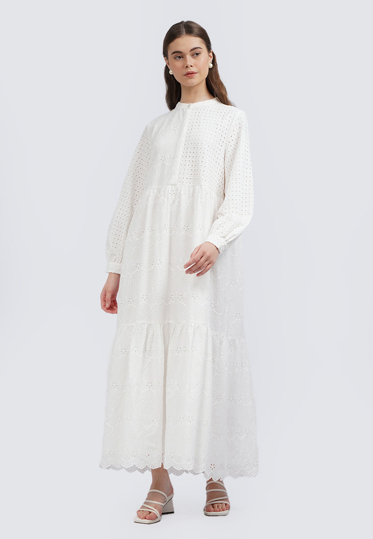 Mandarin Collar Eyelet Tiered Maxi Dress
