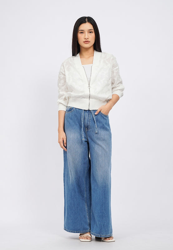 V-Neck Jacquard Jacket with Zipper