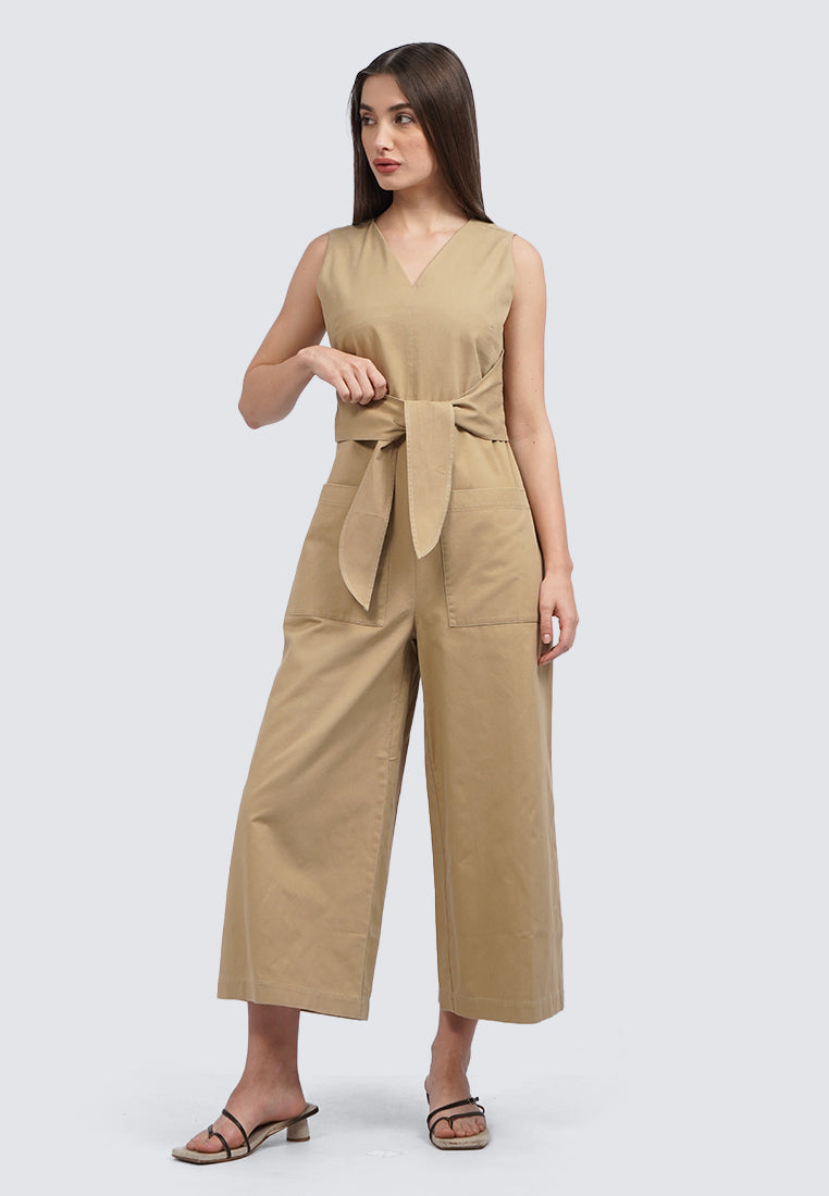 V-Neck Belted Sleeveless Jumsuit