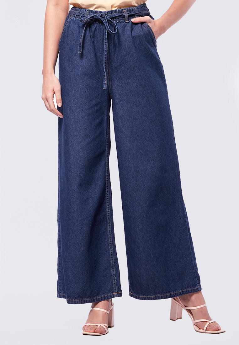 Wide Leg Denim Pants with Belt Details
