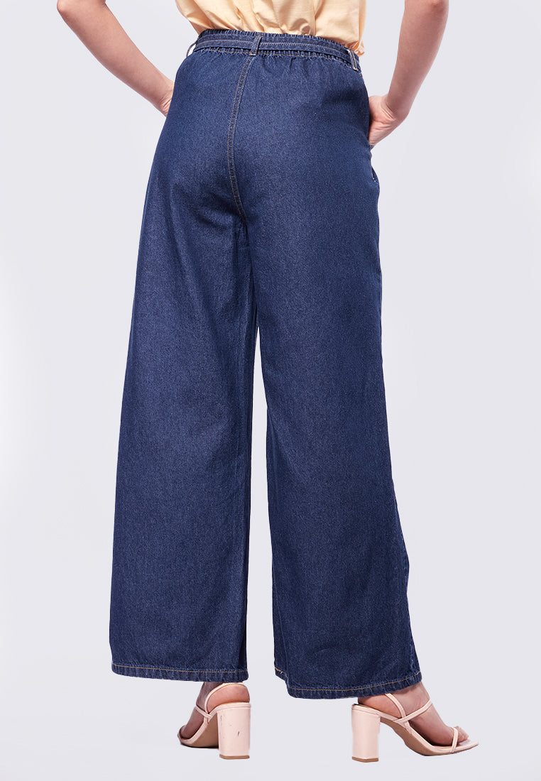 Wide Leg Denim Pants with Belt Details