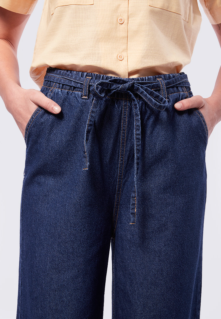 Wide Leg Denim Pants with Belt Details