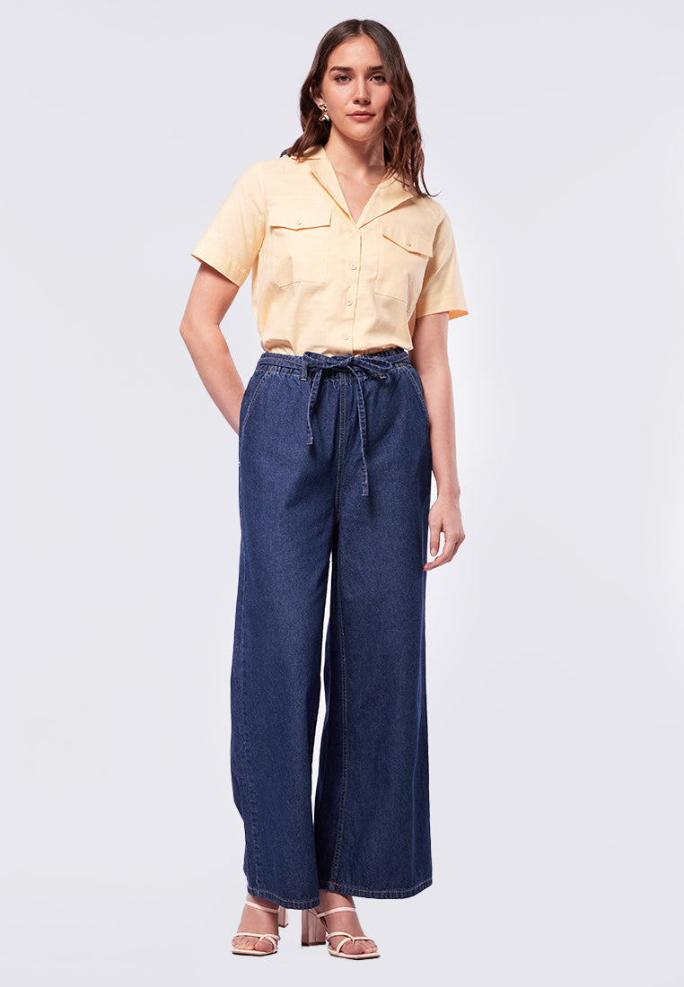 Wide Leg Denim Pants with Belt Details