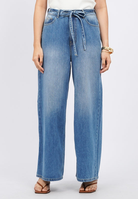 Wide Leg Denim Pants with Tied Belt