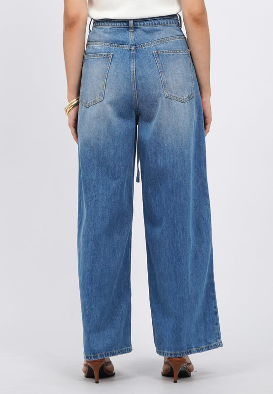 Wide Leg Denim Pants with Tied Belt