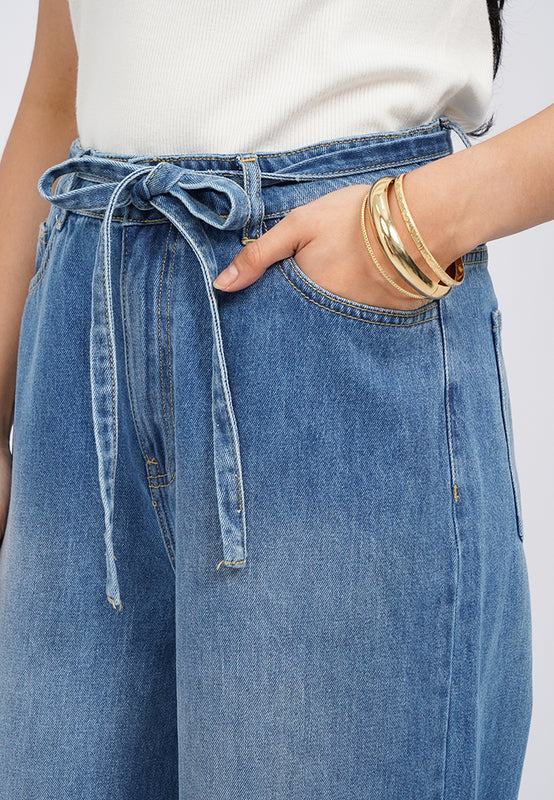 Wide Leg Denim Pants with Tied Belt