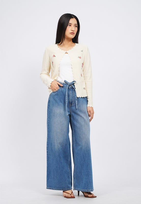 Wide Leg Denim Pants with Tied Belt