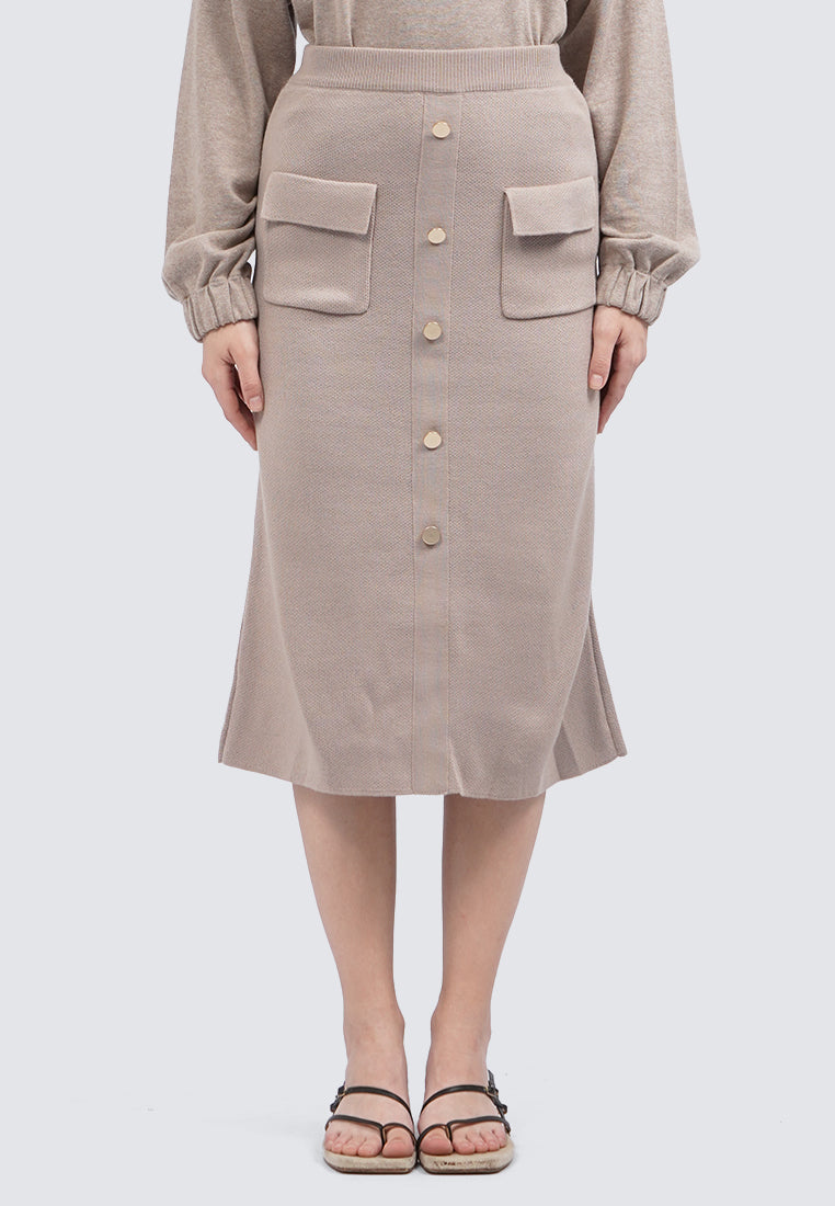 Buttoned Knit Midi Skirt