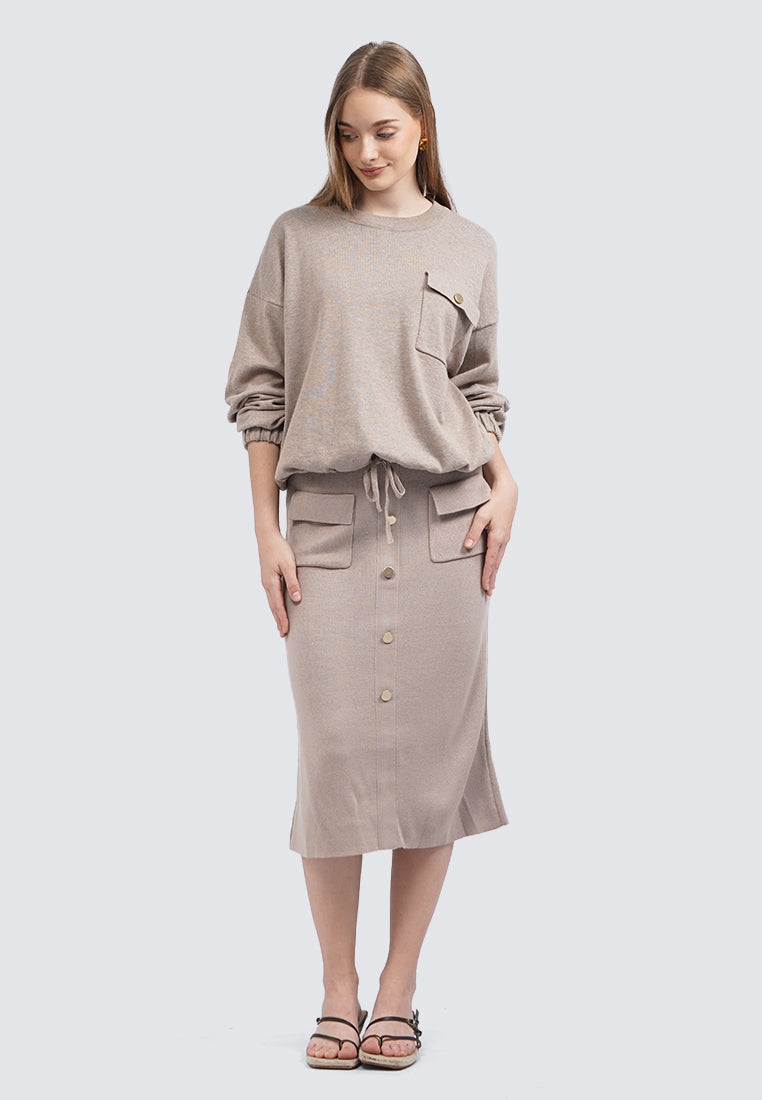 Buttoned Knit Midi Skirt