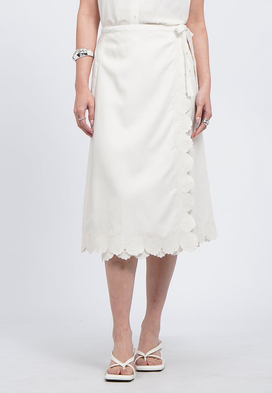Embroidered Hem Wrap Midi Skirt