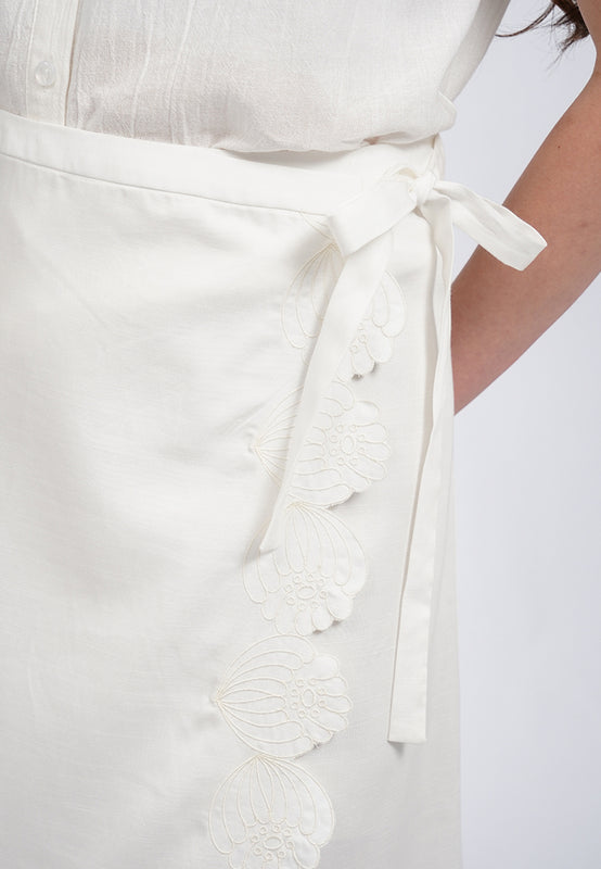 Embroidered Hem Wrap Midi Skirt