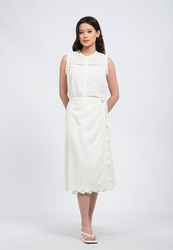 Embroidered Hem Wrap Midi Skirt