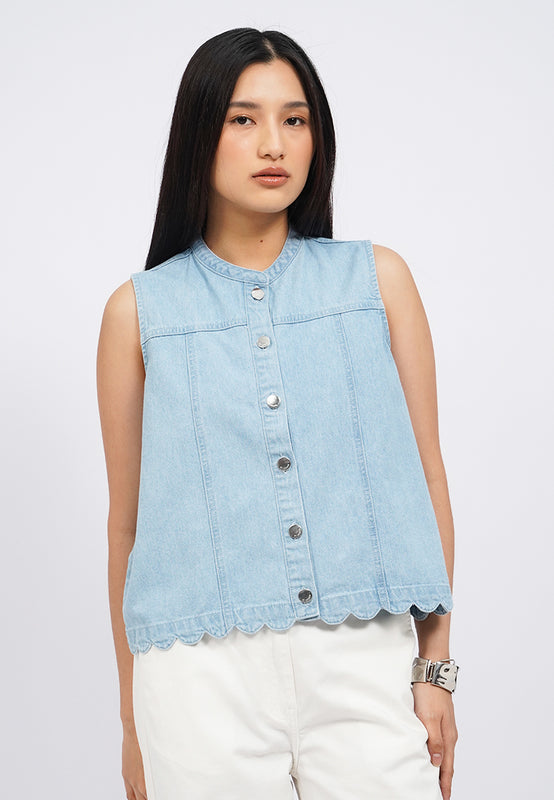 Round Neck Sleeveless Denim Blouse