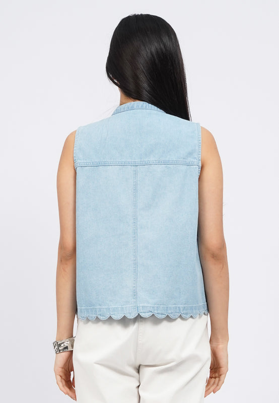Round Neck Sleeveless Denim Blouse