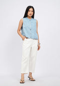Round Neck Sleeveless Denim Blouse