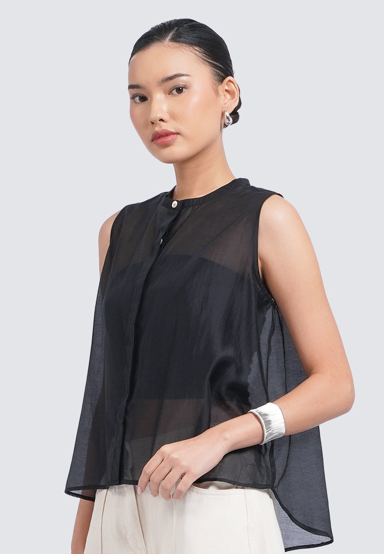 Round Neck Sleeveless Sheer Blouse