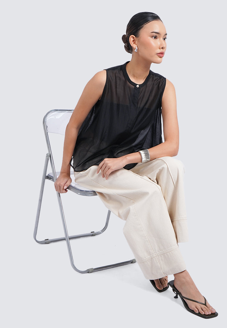 Round Neck Sleeveless Sheer Blouse