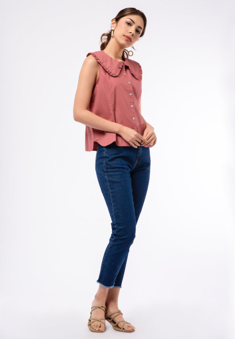 Sleeveless Blouse with Wide Ruffle Collar