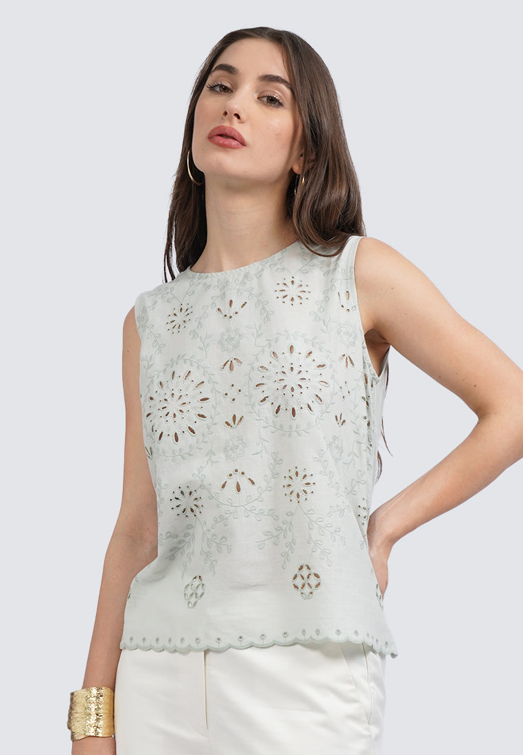 Round Neck Eyelet Sleeveless Blouse