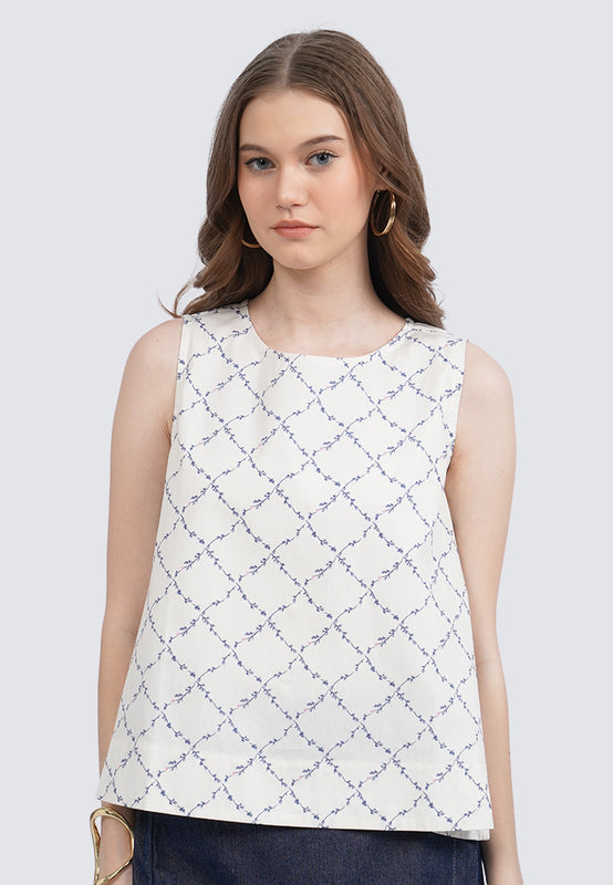Round Neck Sleeveless Printed Blouse