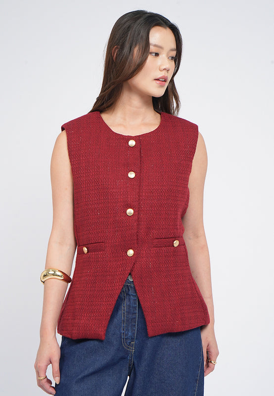 Contrast Button Round Neck Vest