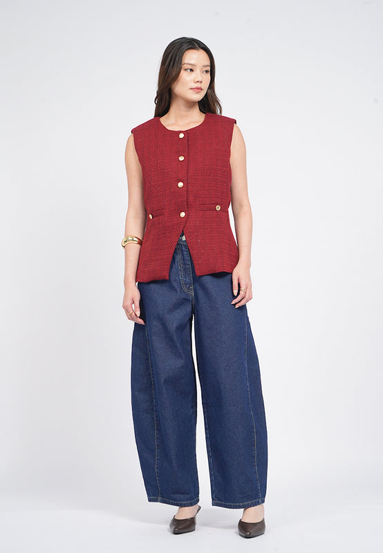 Contrast Button Round Neck Vest