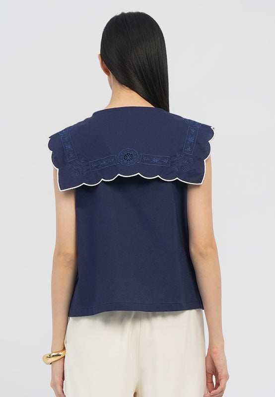Embroidered Collar Sleeveless Blouse