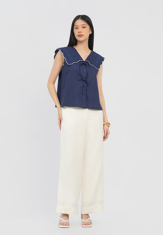 Embroidered Collar Sleeveless Blouse