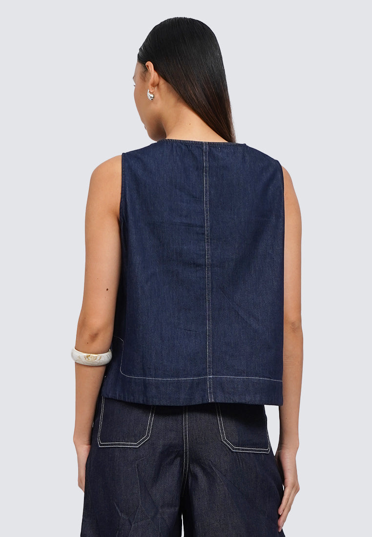 Contrast Stitch Sleeveless Denim Top