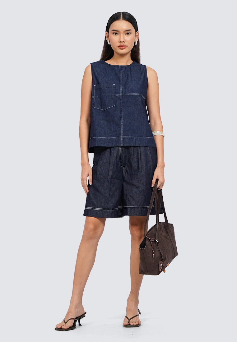 Contrast Stitch Sleeveless Denim Top