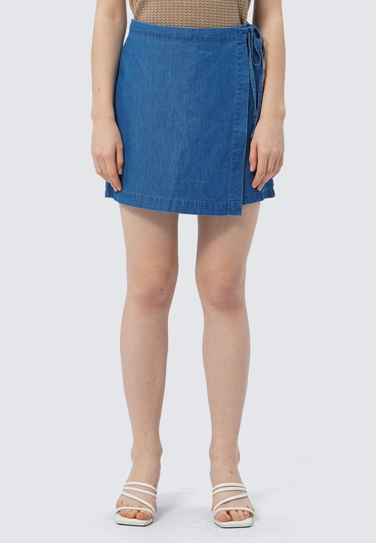Side Tied Denim Mini Skort