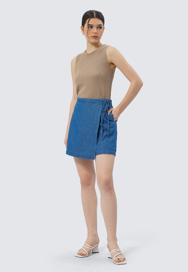 Side Tied Denim Mini Skort