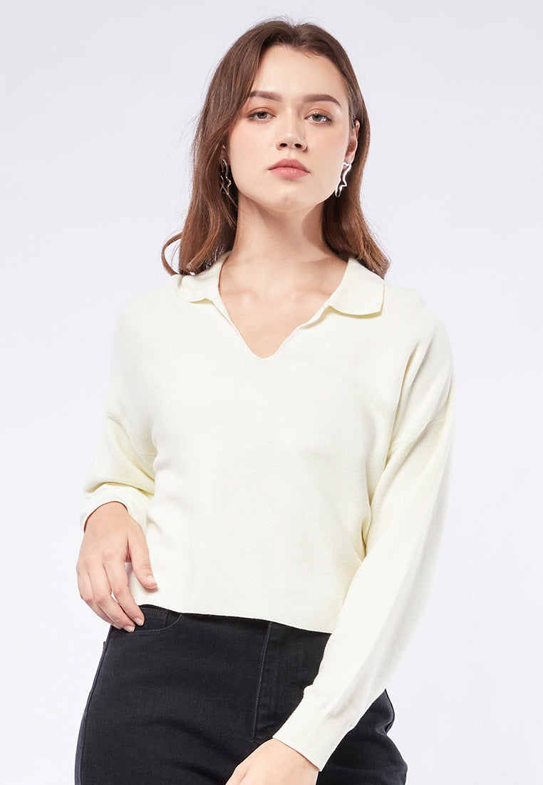 Loose V-Neck Sweater with Polo Collar