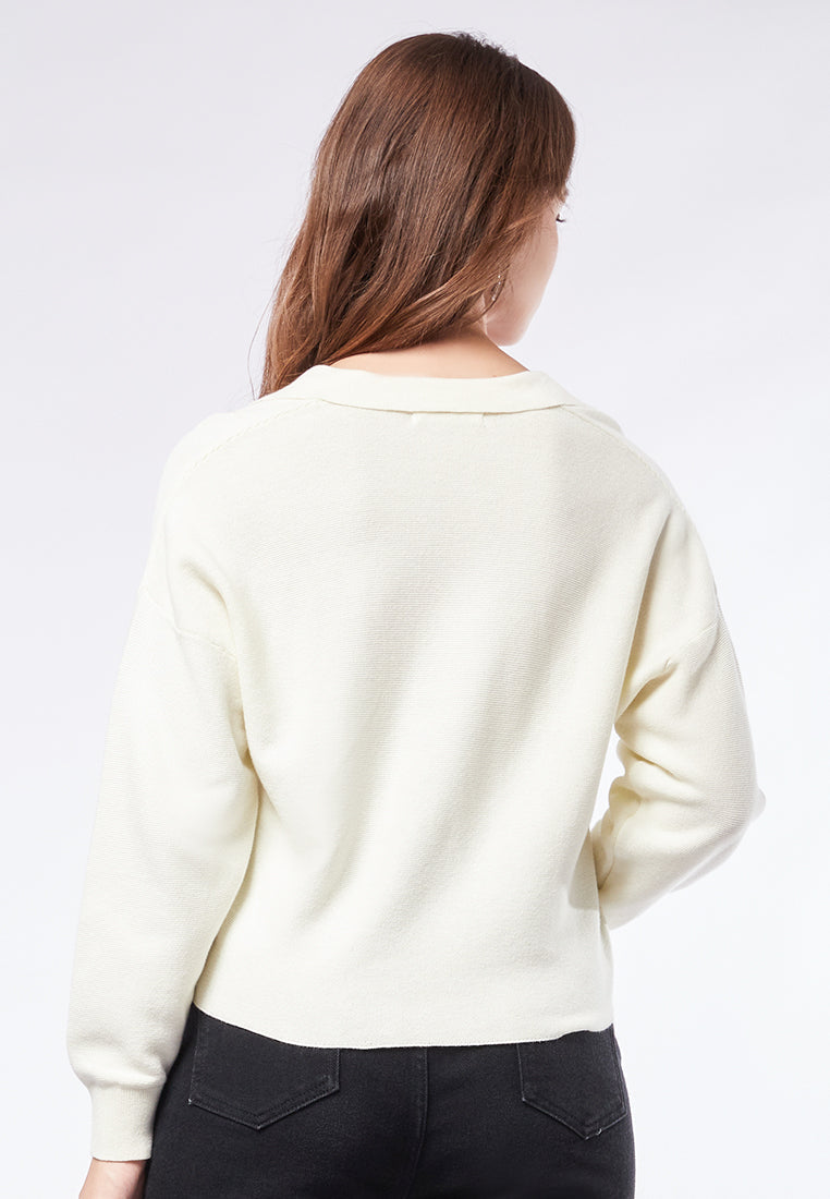 Loose V-Neck Sweater with Polo Collar