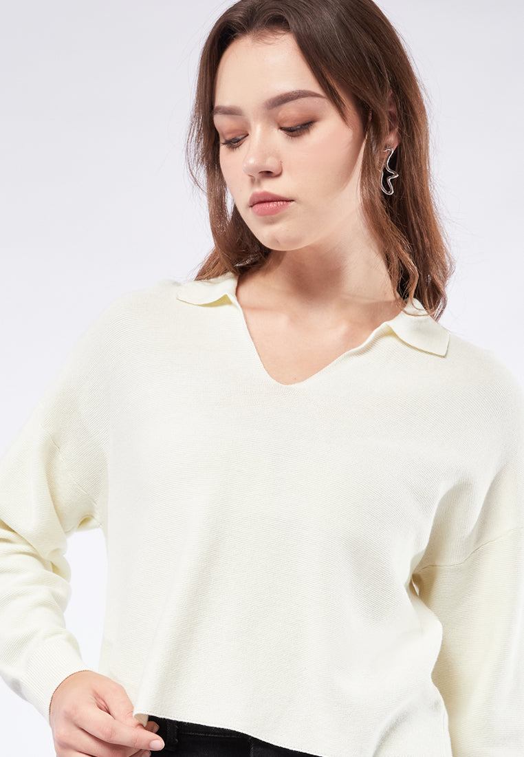 Loose V-Neck Sweater with Polo Collar