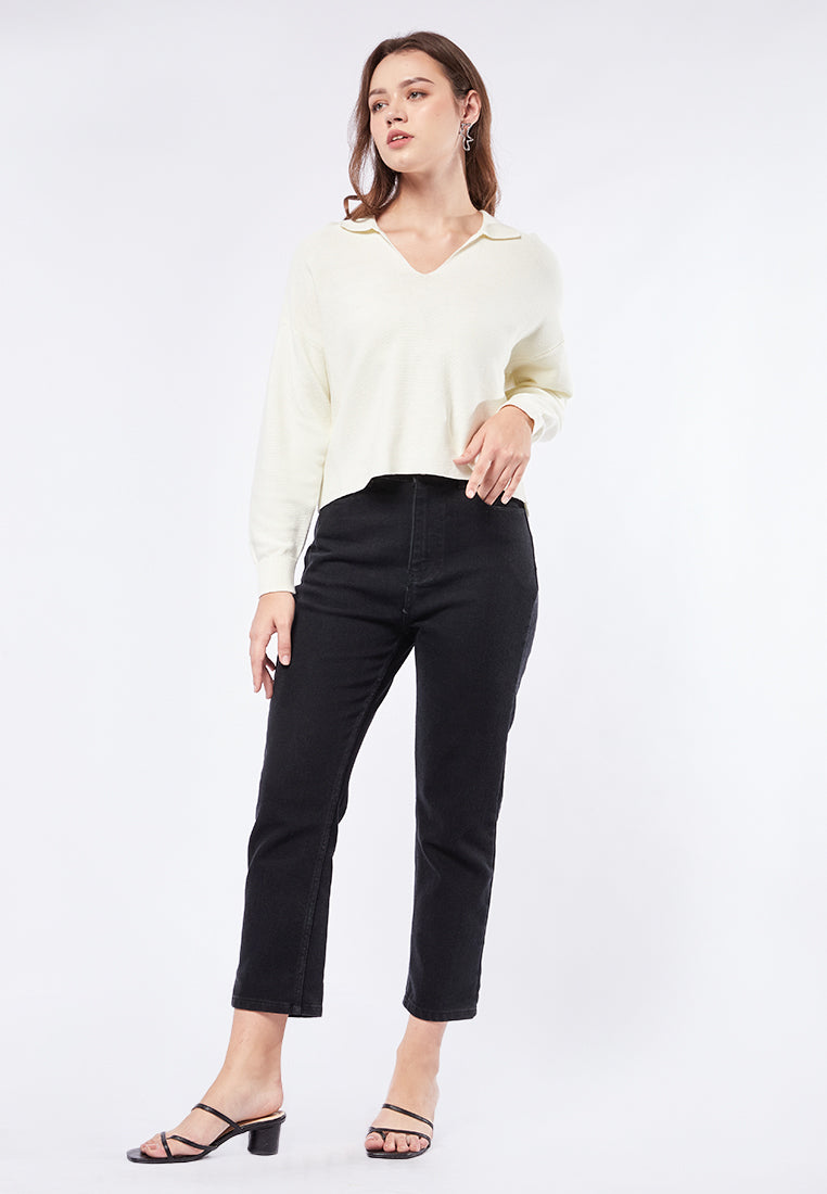 Loose V-Neck Sweater with Polo Collar