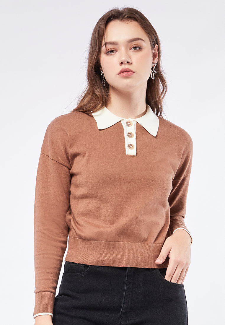 Long Sleeve Knit Top with Polo Collar