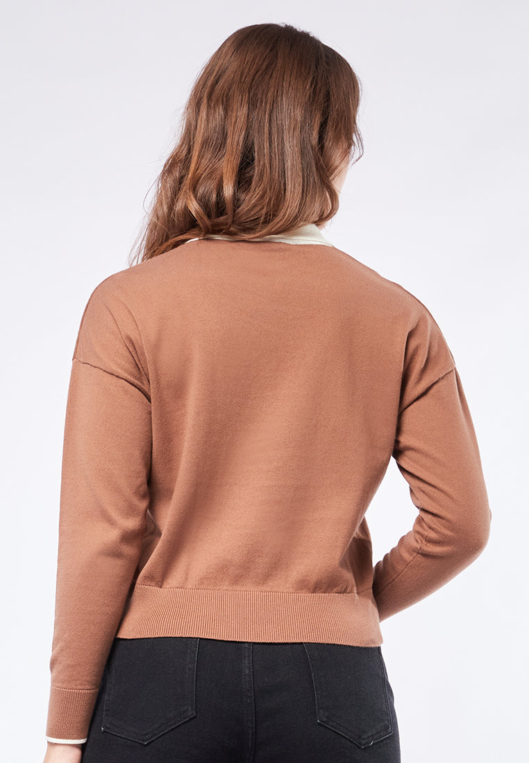 Long Sleeve Knit Top with Polo Collar