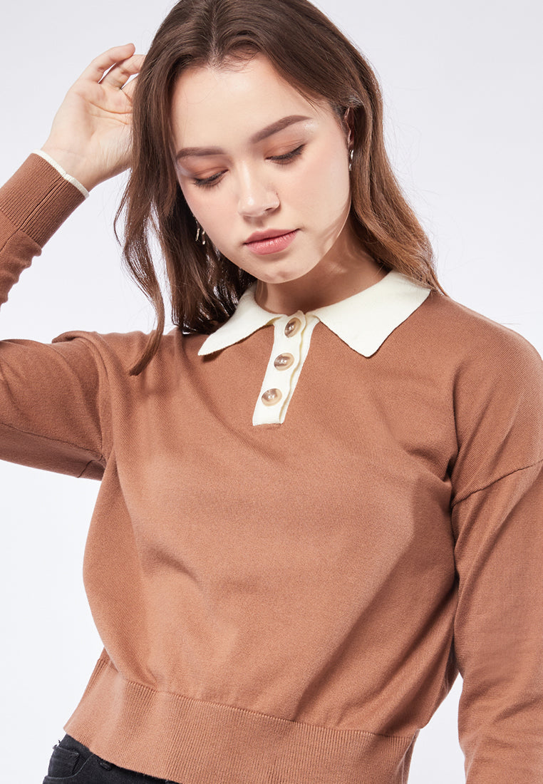 Long Sleeve Knit Top with Polo Collar