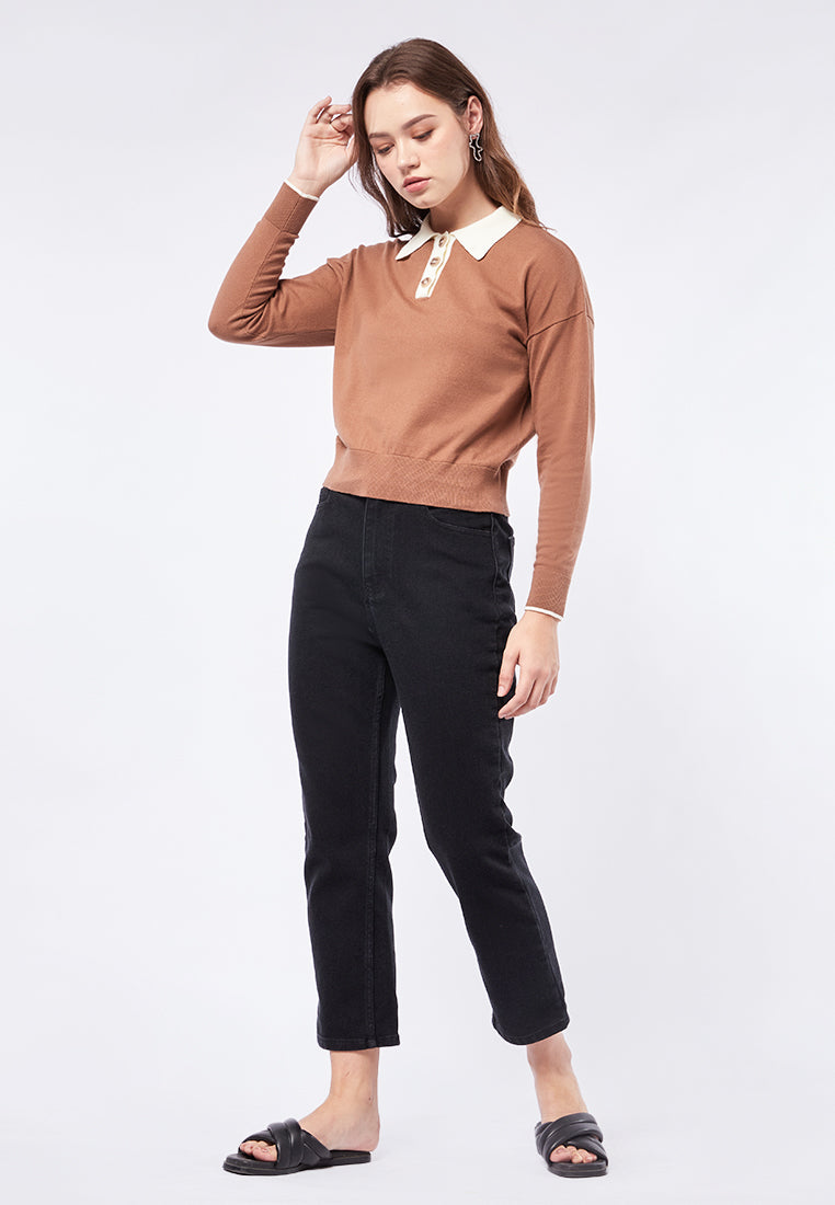 Long Sleeve Knit Top with Polo Collar