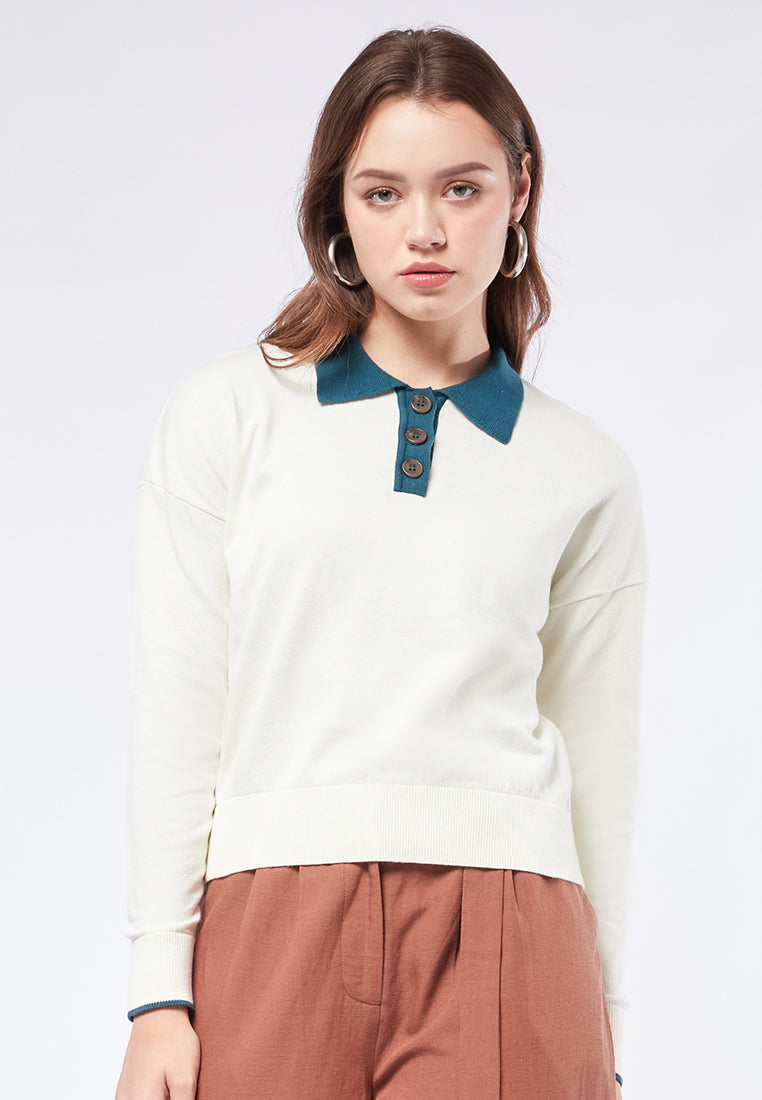 Long Sleeve Knit Top with Polo Collar