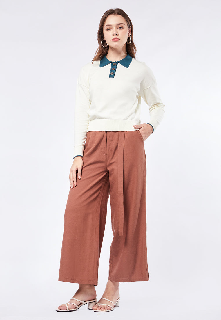 Long Sleeve Knit Top with Polo Collar