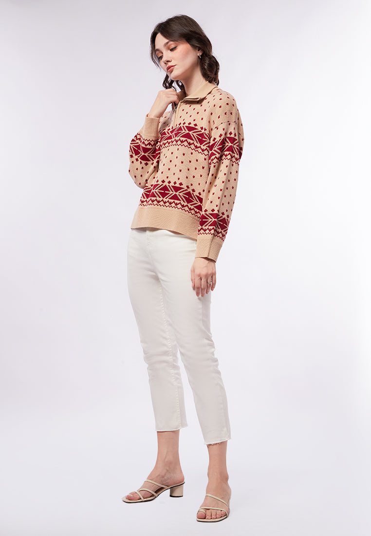 Zip Up Printed Long Sleeve Sweater